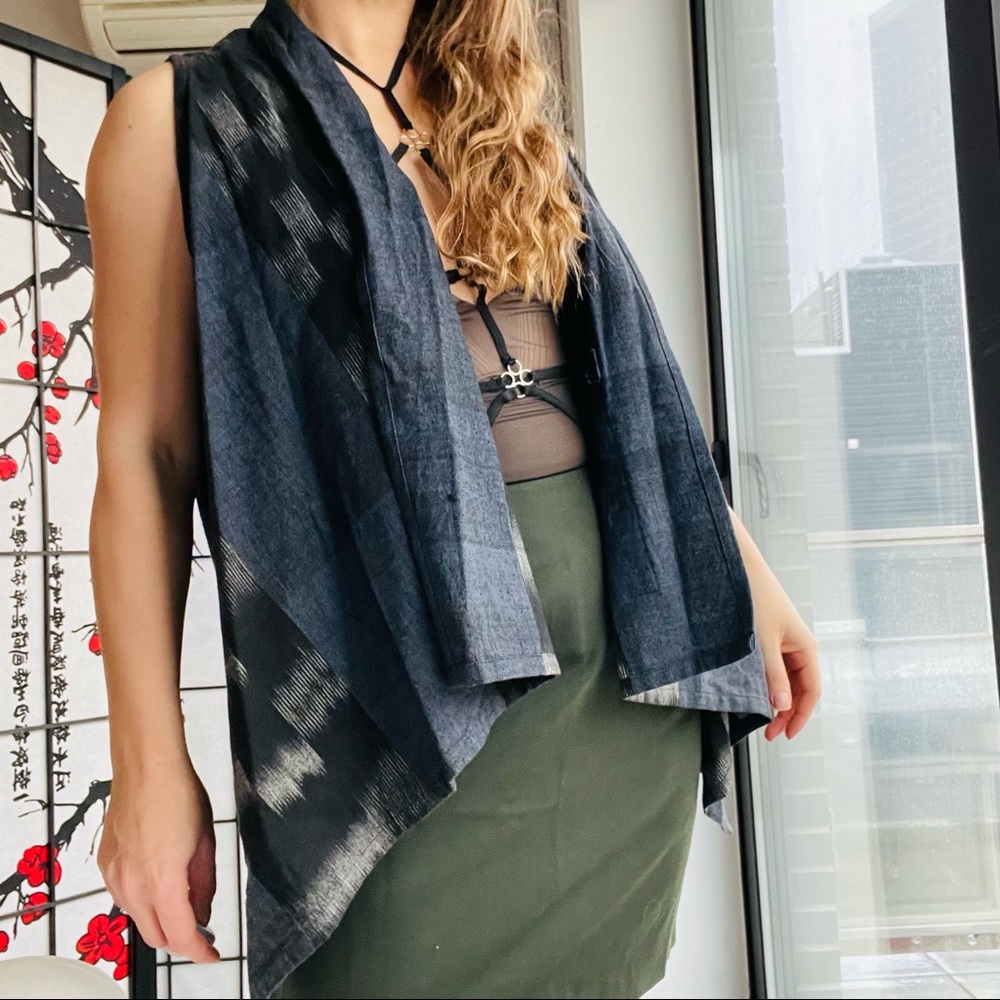 Yasuko Kurisaka Anthropologie Vest Denim Patchwork Shark Hem Plaid Cotton Blue